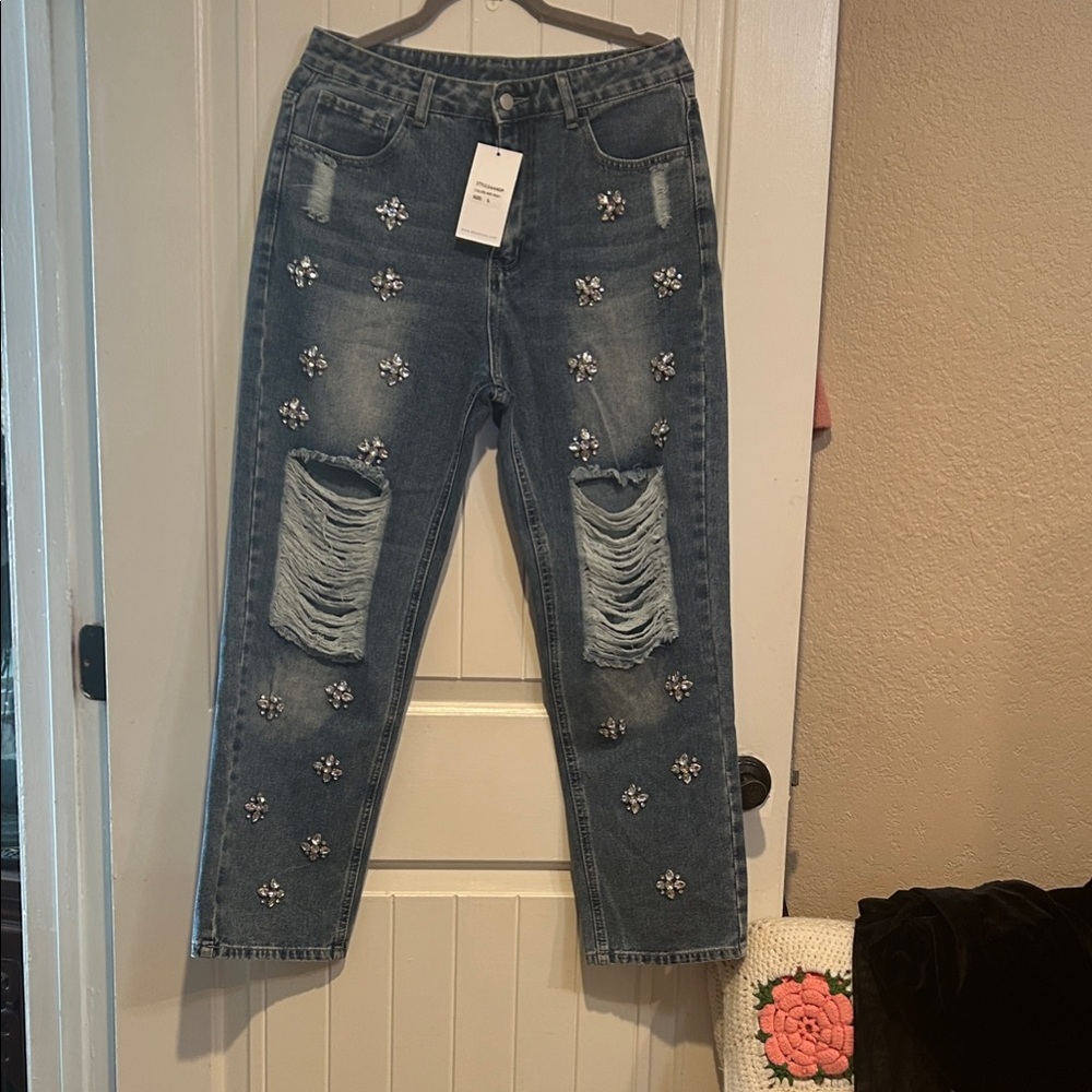 Embellished Straight Leg Jeans in Blueb collection